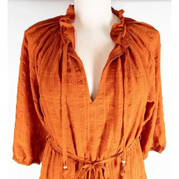 Calvin Klein Boho Cottagecore Prairie Ruffle Dress Beachy Sz 8 Burnt Orange - Picture 3 of 8